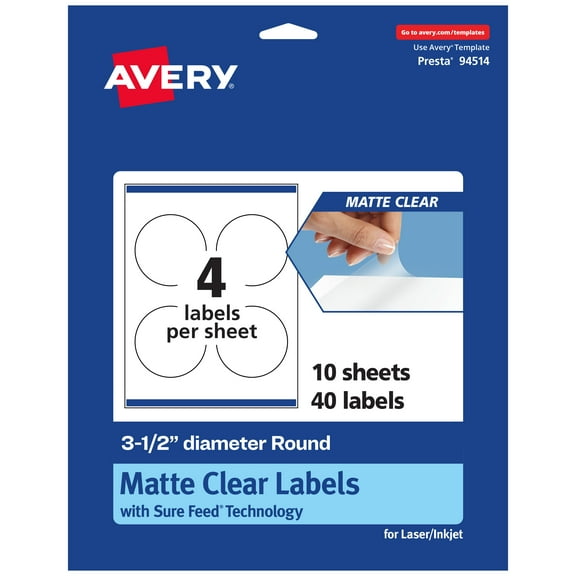 Avery Matte Clear Round Labels, 3-1/2" Diameter, 40 Total