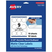 Avery Matte Clear Round Scalloped Labels, 2.5" Diameter, 90ct