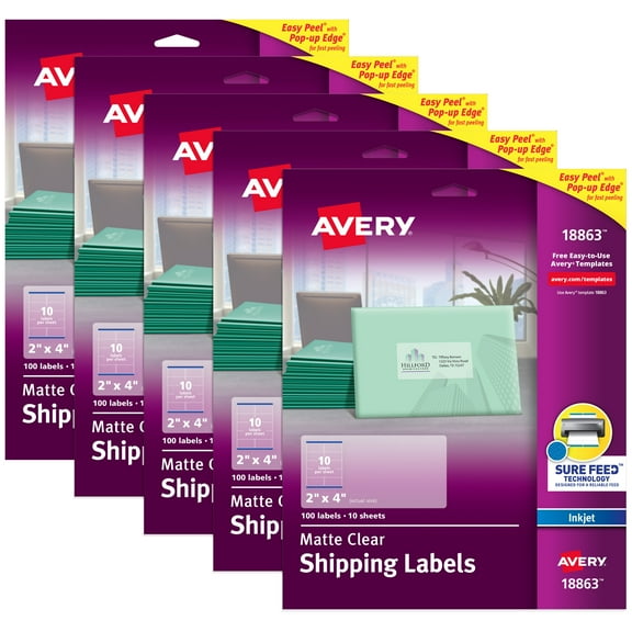 Avery Clear Shipping Labels, Sure Feed, 2" x 4", 100 Labels (18863) - 5 Pack
