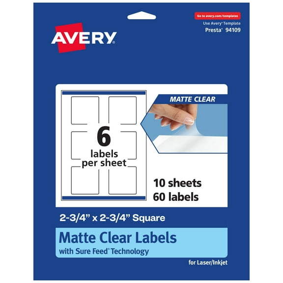 Avery Matte Clear Square Labels, 2-3/4" x 2-3/4", 60 Total