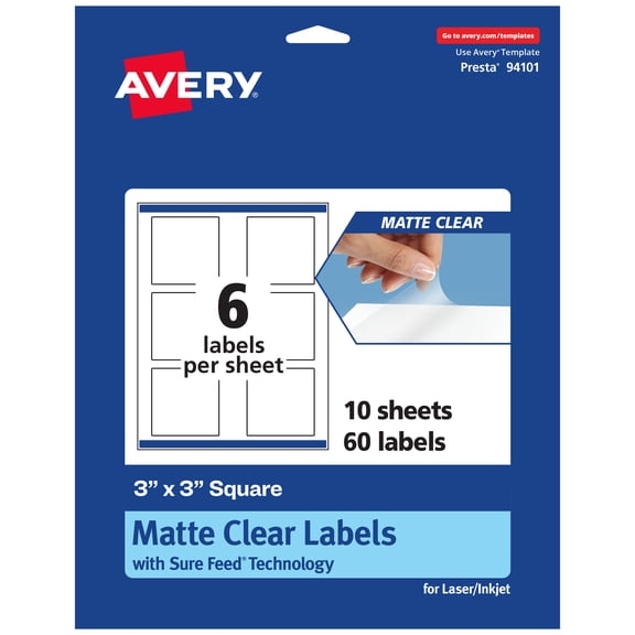 Avery Matte Clear Square Labels, 3" x 3", 60 Total