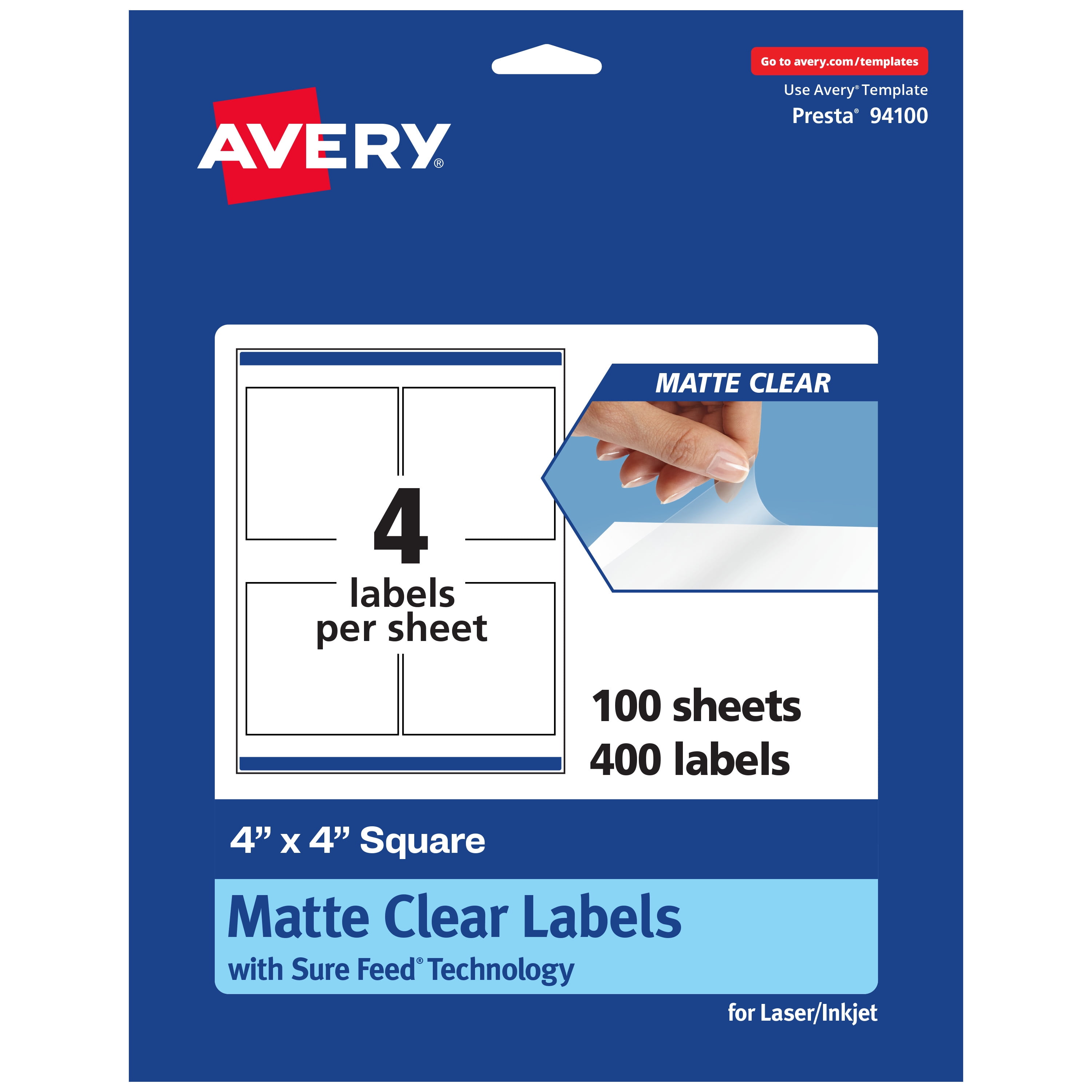 Avery Matte Clear Square Labels, 4" x 4", 400 Total