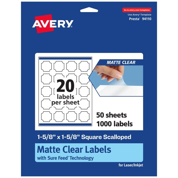 Avery Matte Clear Square Scalloped Labels, 1-5/8" x 1-5/8", 1,000ct