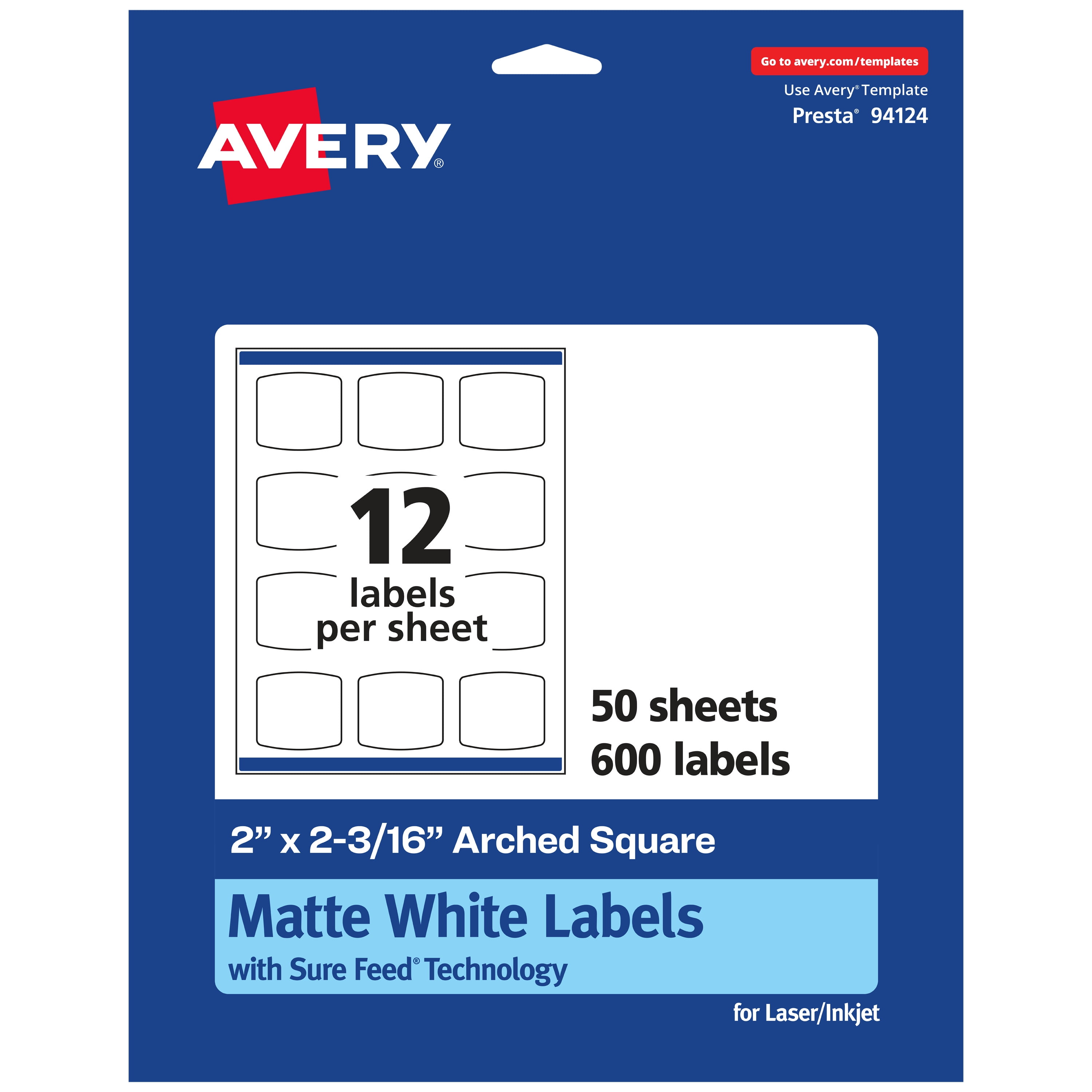 Avery Matte White Arched Square Labels, 2" x 2-3/16", 600 Total