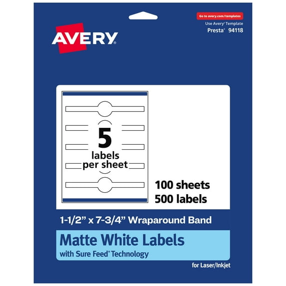 Avery Matte White Wraparound Labels, 1-1/2" x 7-3/4", 500 Total