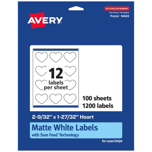 Avery Matte White Heart Labels, 2-9/32" x 1-27/32", 1,200 Labels