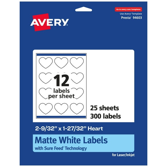 Avery Matte White Heart Labels, 2-9/32" x 1-27/32", 300 Labels