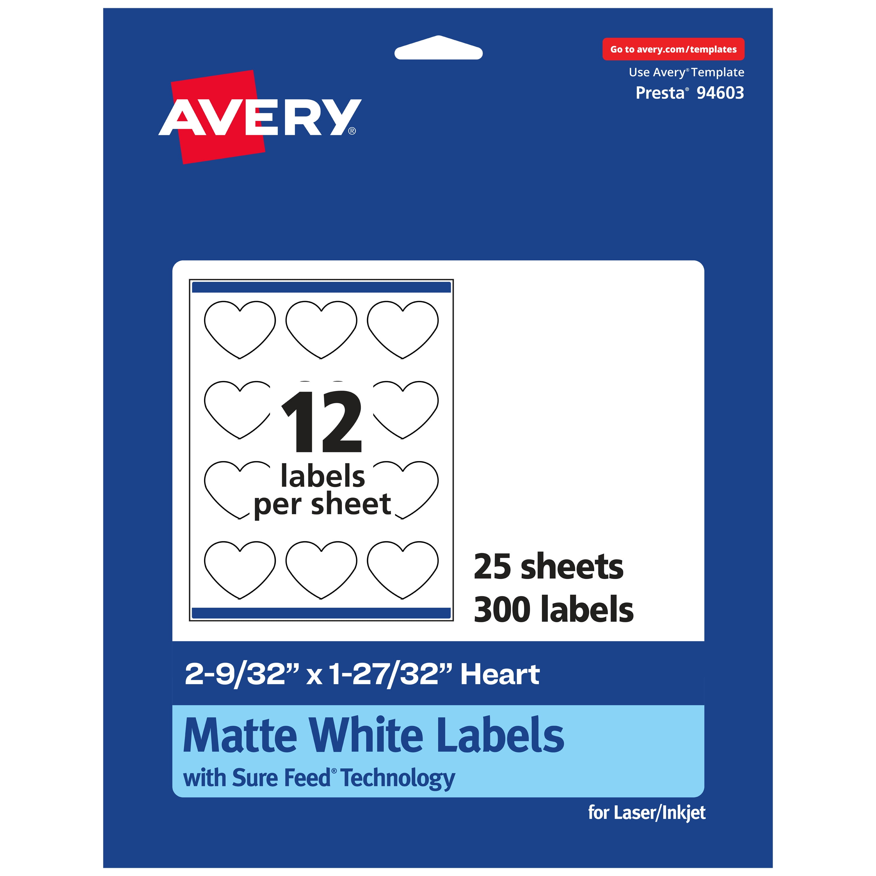 Avery Matte White Heart Labels with Sure Feed, 2-9/32 x 1-27/32, 600  Matte White Printable Labels 