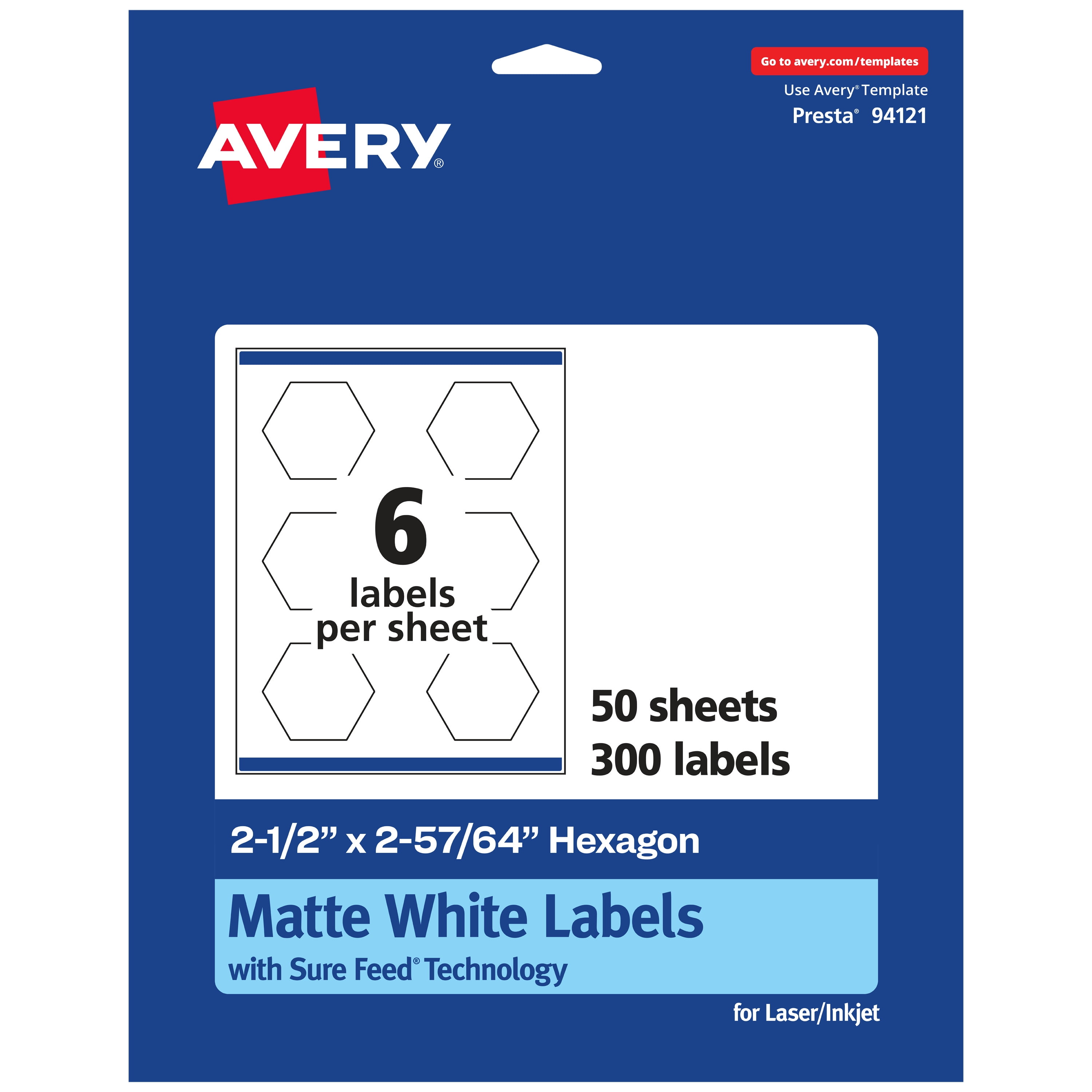Avery Matte White Hexagon Labels, 2-1/2" x 2-57/64", 300 Total