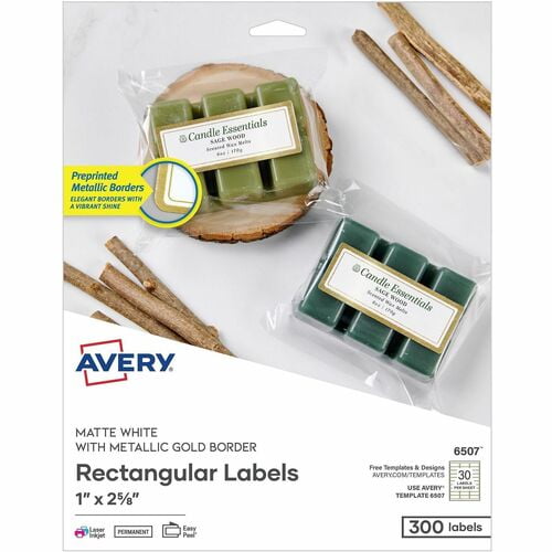 Avery Matte White Labels With Gold Borders, x 1" Width x 2 5/8" Length, Permanent Adhesive, Inkjet, Laser, Metallic Gold Border (06507) | 2 Packs (600 Total)