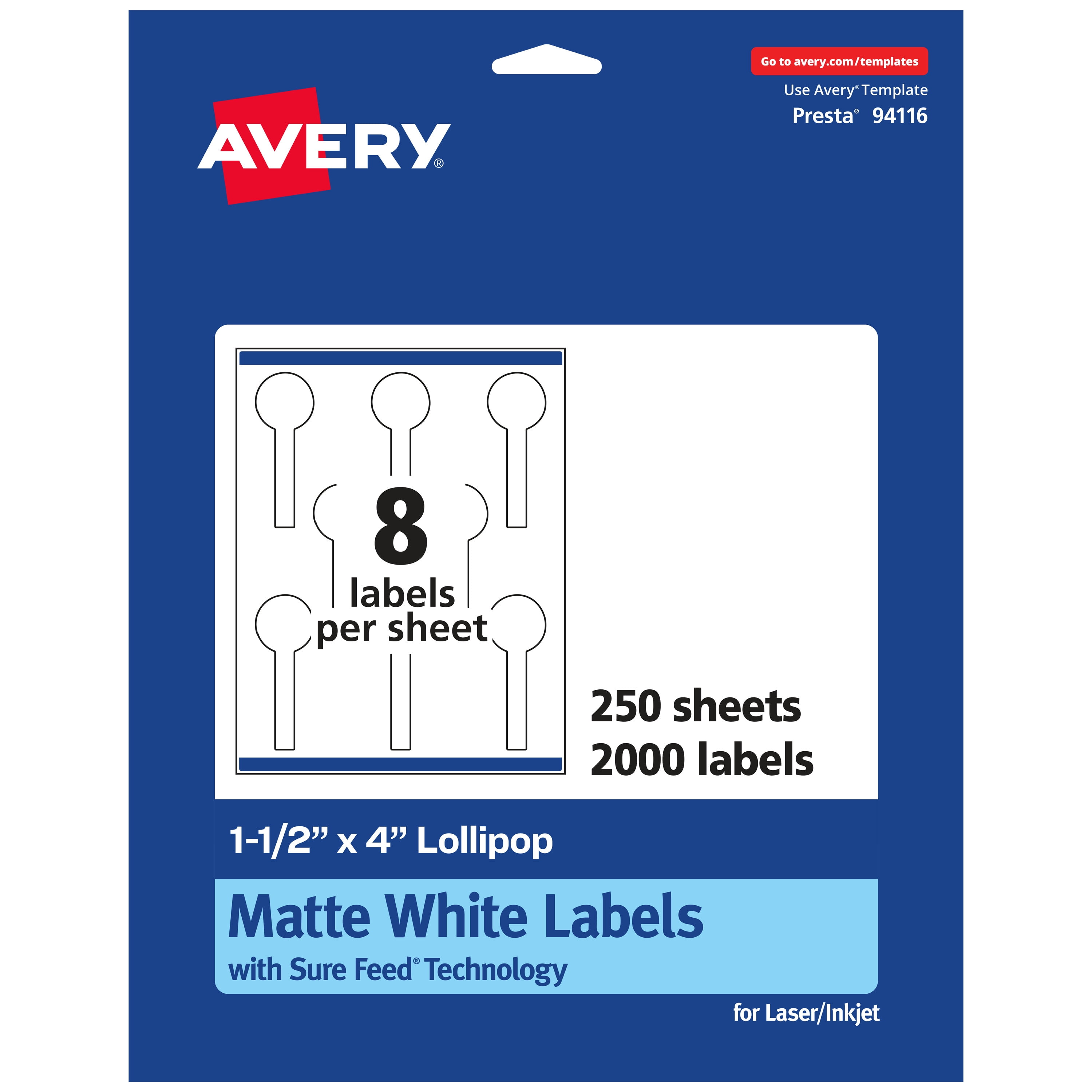 Avery Matte White Lollipop Labels, 1-1/2" x 4", 2,000 Total