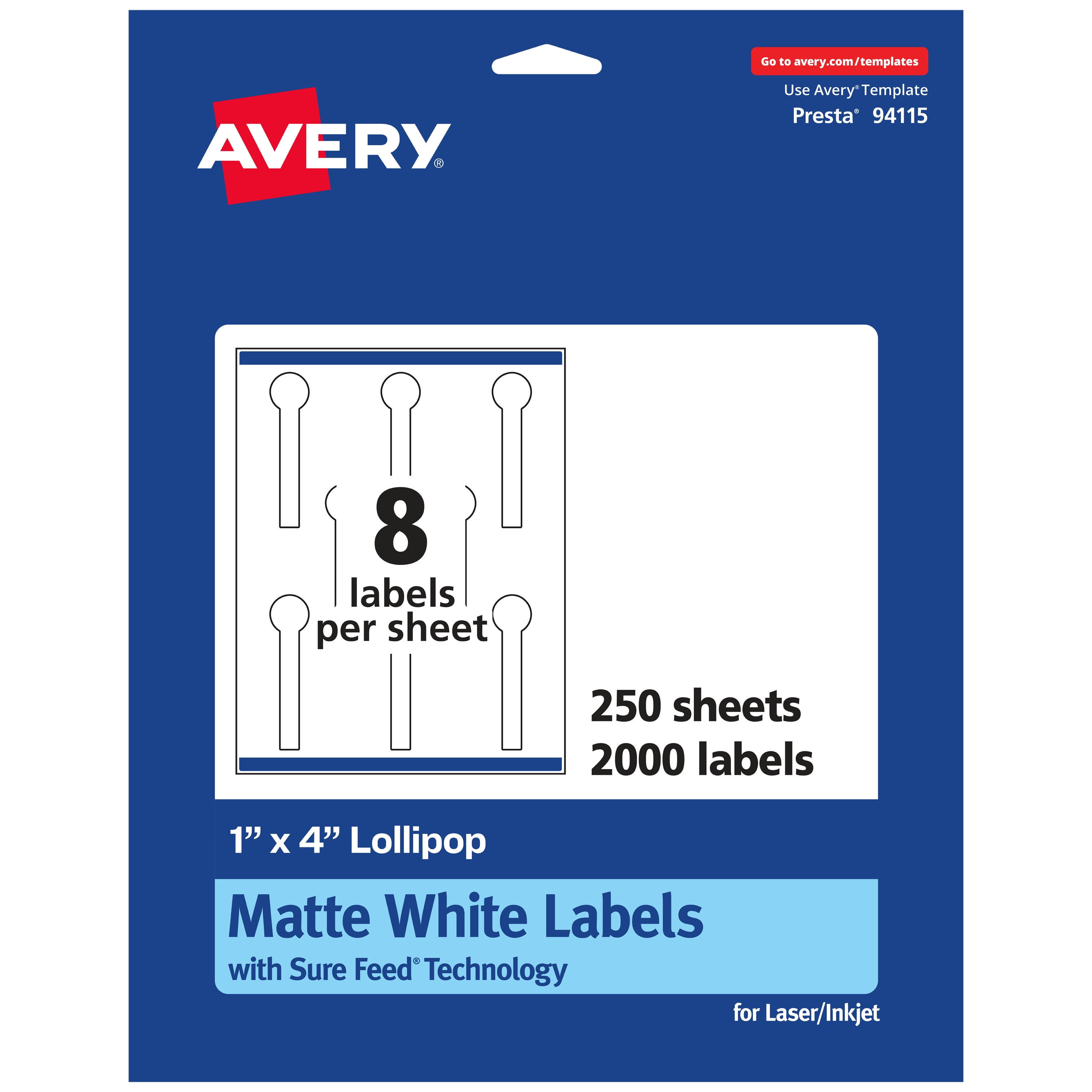 Avery Matte White Lollipop Labels, 1" x 4", 2,000 Total