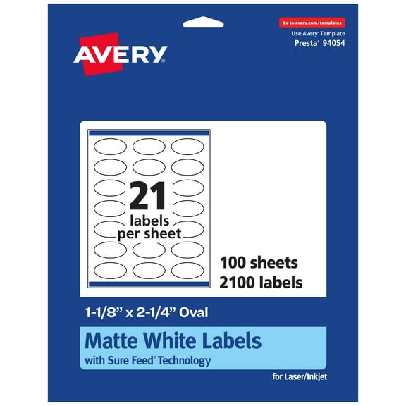 Avery Matte White Oval Labels, 1-1/8" x 2-1/4", 2,100 Labels