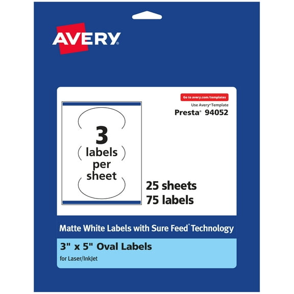 Avery Matte White Oval Labels, 3" x 5", 75 Labels