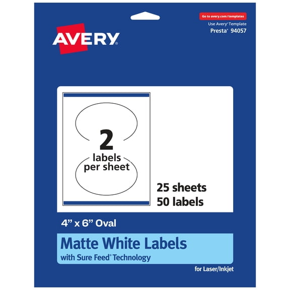 Avery Matte White Oval Labels, 4" x 6", 50 Labels