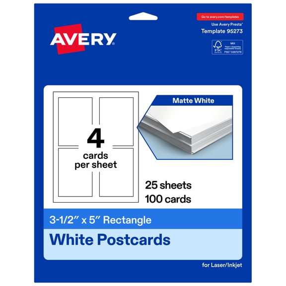 Avery Matte White Rectangle Cards, 3.5" x 5", 100ct