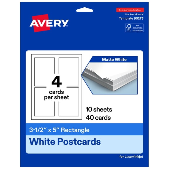 Avery Matte White Rectangle Cards, 3.5" x 5", 40ct