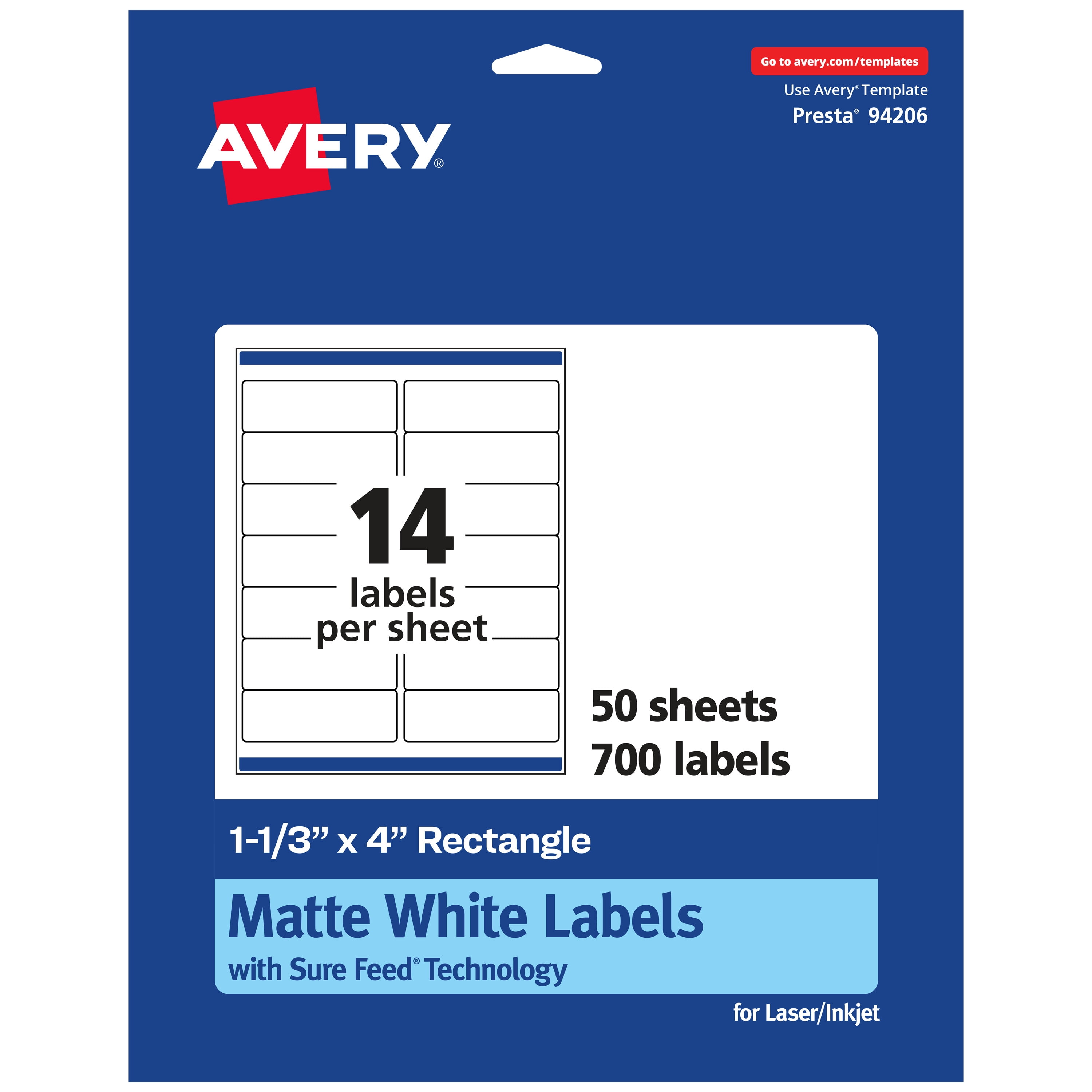 Avery Matte White Rectangle Labels, 1-1/3" x 4", 700 Total