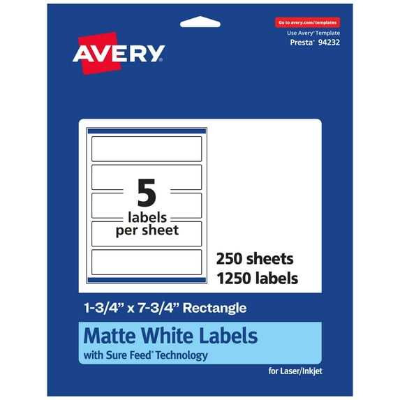 Avery Matte White Rectangle Labels, 1.75" x 7.75", 1,250 Labels