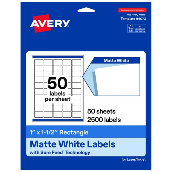 Avery® Matte White Rectangle Labels, 1" x 1.5", 2500 Total