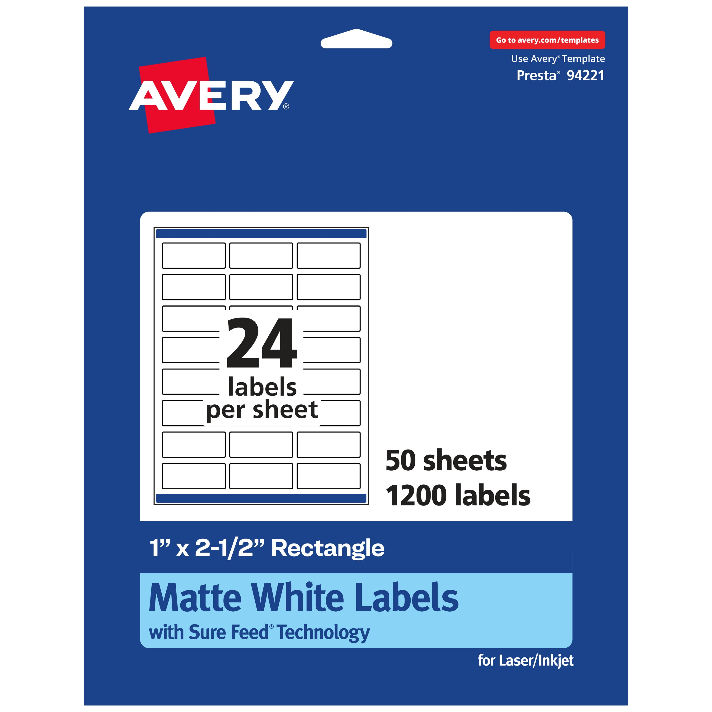 Avery Matte White Rectangle Labels, 1" x 2.5", 1,200 Labels
