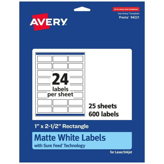 Avery Matte White Rectangle Labels, 1" x 2.5", 600 Labels