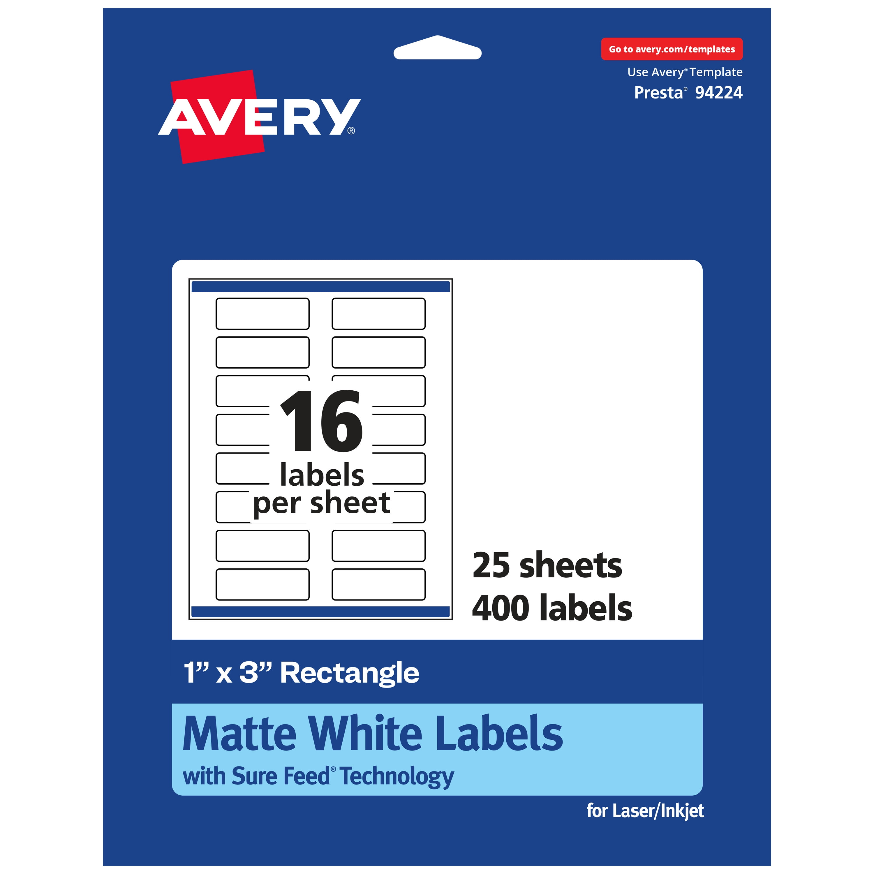 Avery Matte White Rectangle Labels, 1" x 3", 400 Labels