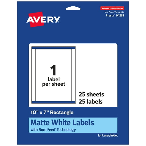 Avery Matte White Rectangle Labels, 10" x 7", 25 Labels