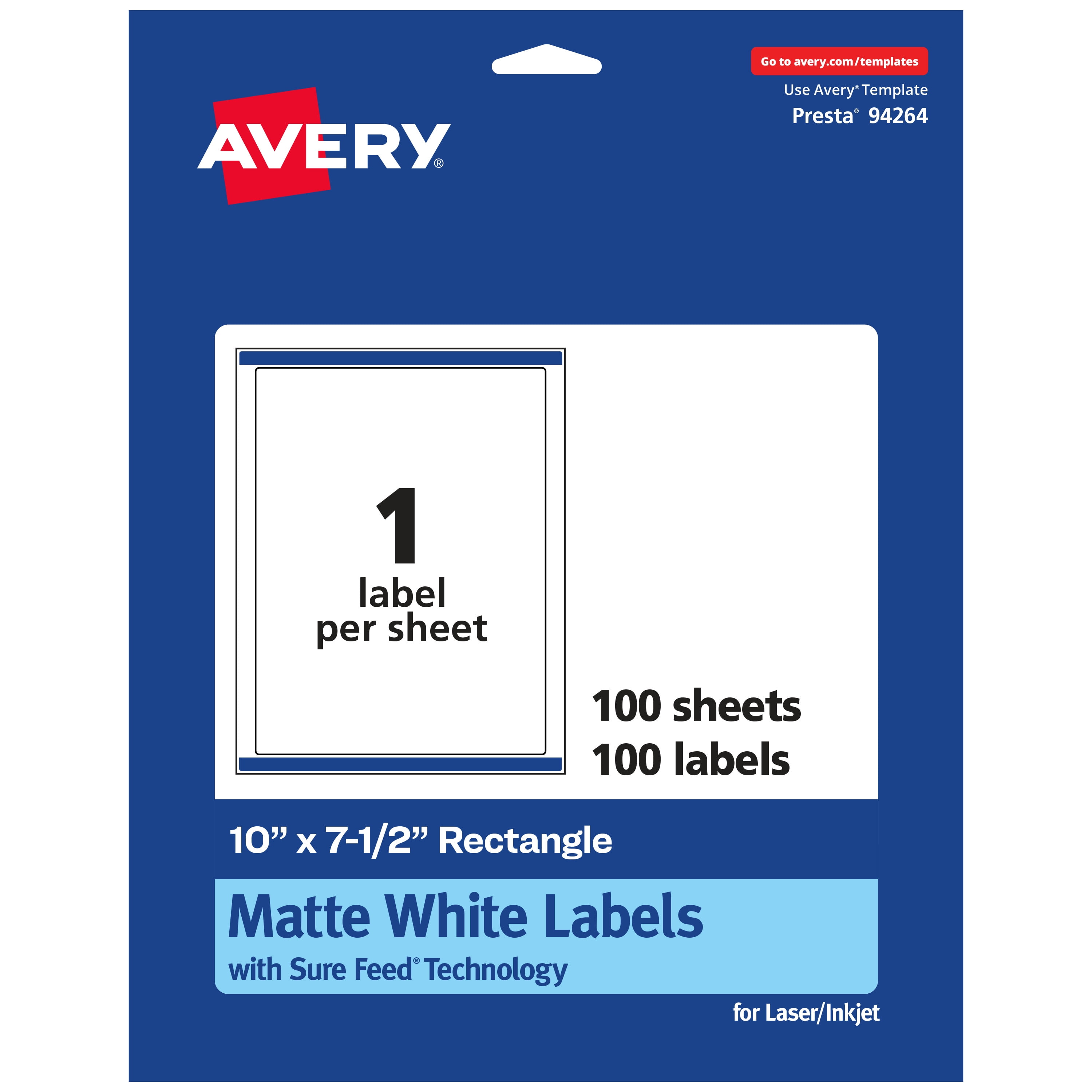 Avery Matte White Rectangle Labels, 10" x 7.5", 100 Labels