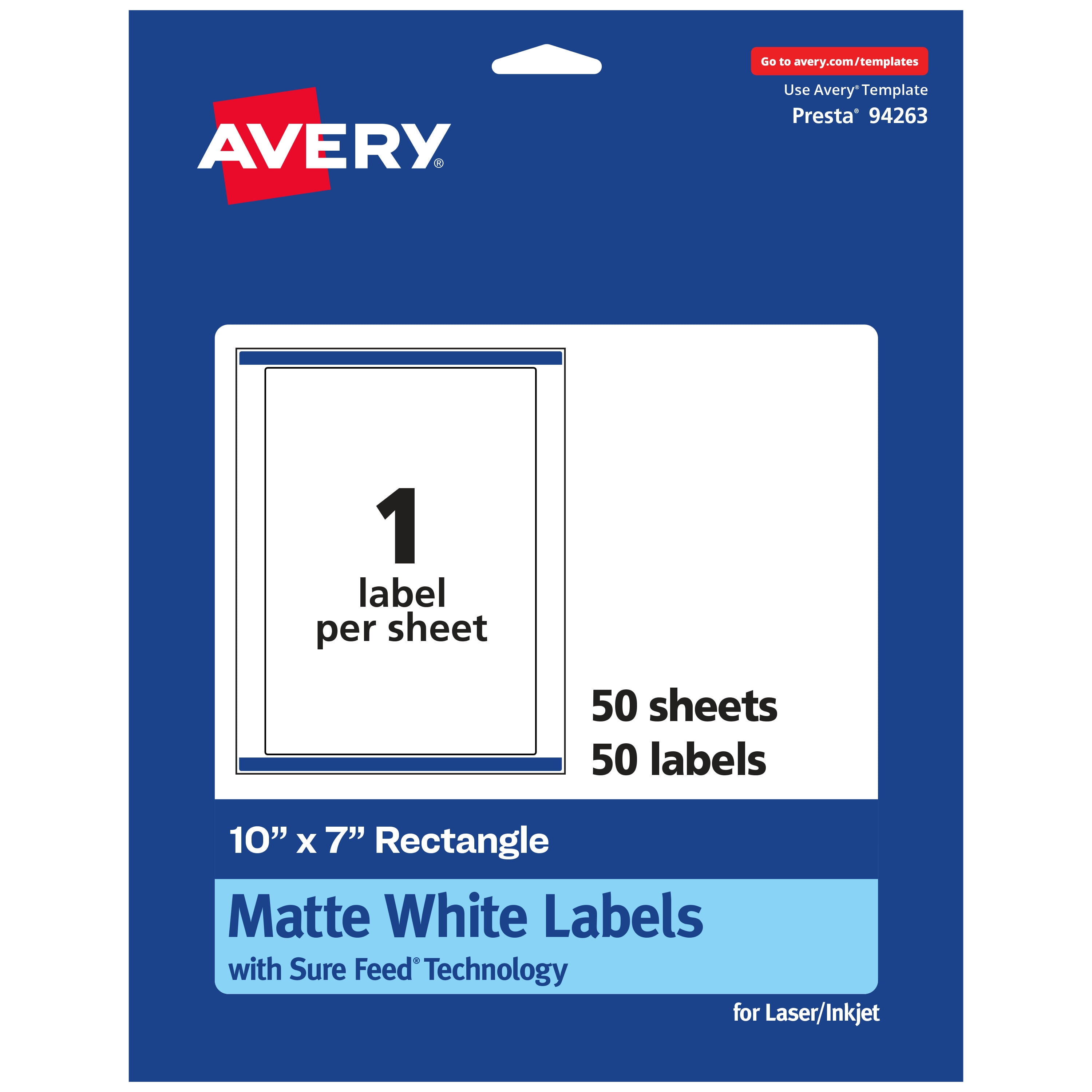 Avery Matte White Rectangle Labels, 10" x 7", 50 Labels