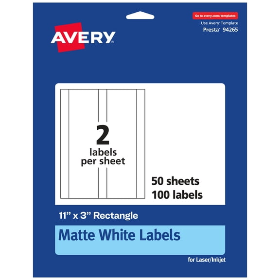 Avery Matte White Rectangle Labels, 11" x 3", 100 Labels