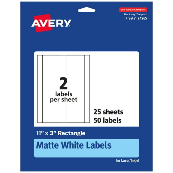 Avery Matte White Rectangle Labels, 11" x 3", 50 Labels