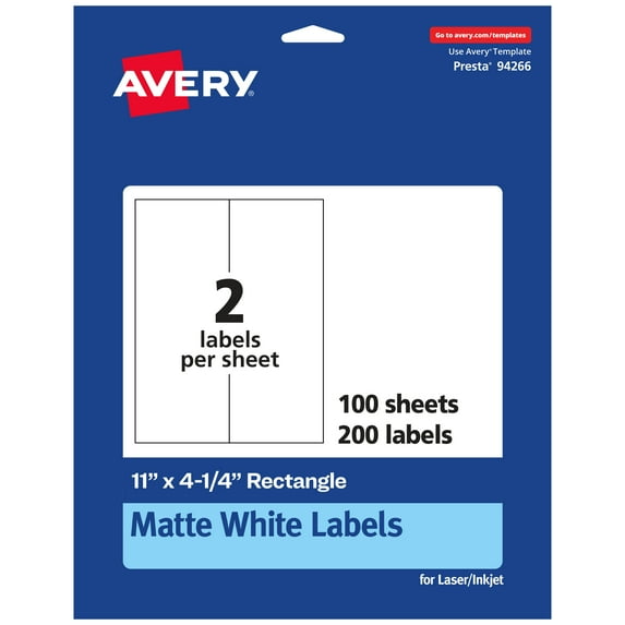 Avery Matte White Rectangle Labels, 11" x 4.25", 200 Labels