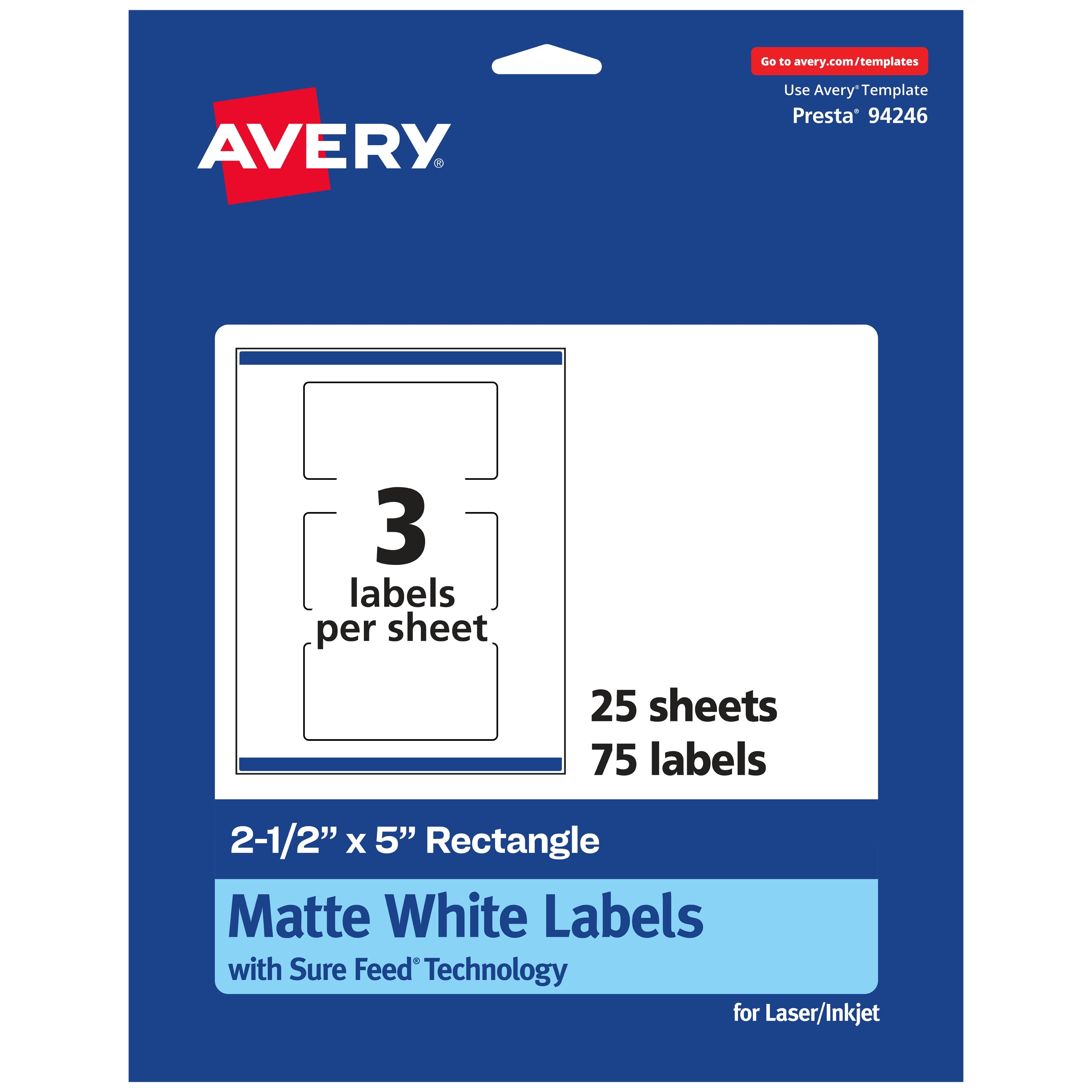 Y★ Avery Matte White Rectangle Labels, 2.5