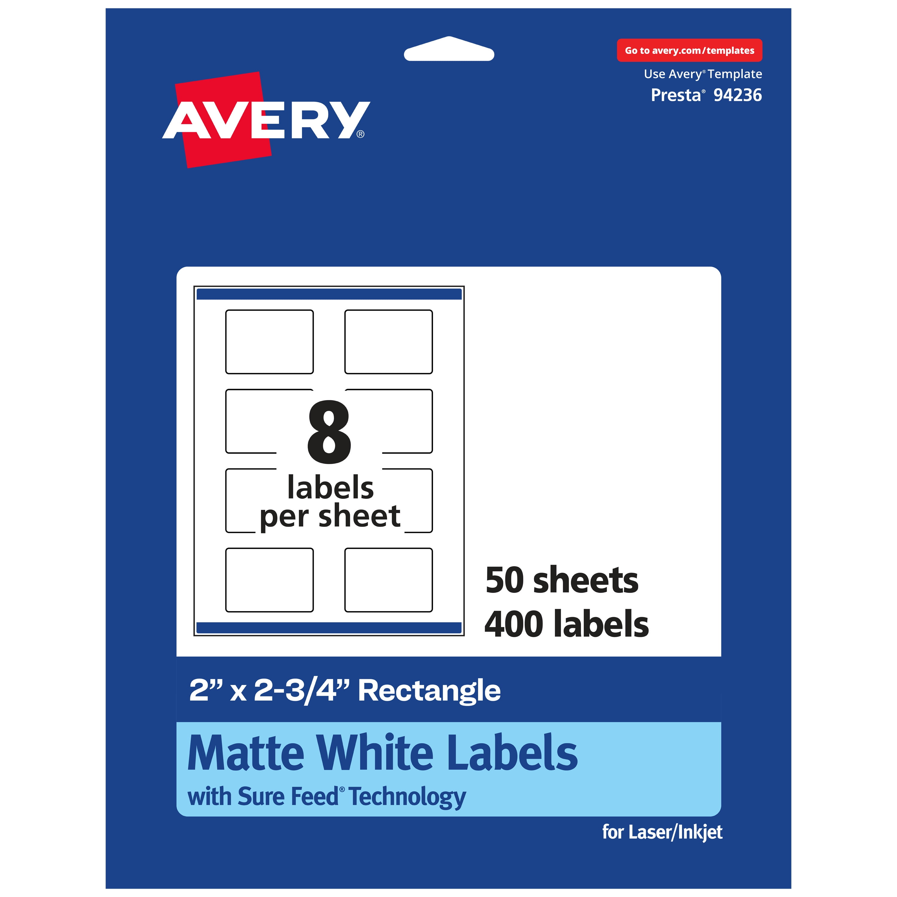 Avery Matte White Rectangle Labels, 2" x 2.75", 400 Labels
