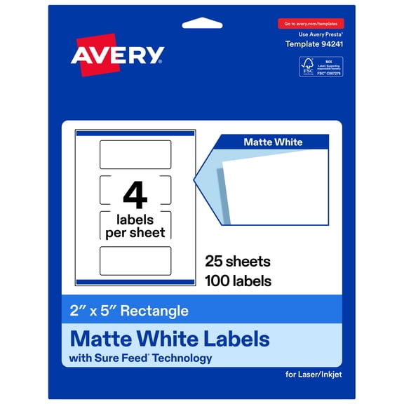 Avery® Matte White Rectangle Labels, 2" x 5", 100 Labels