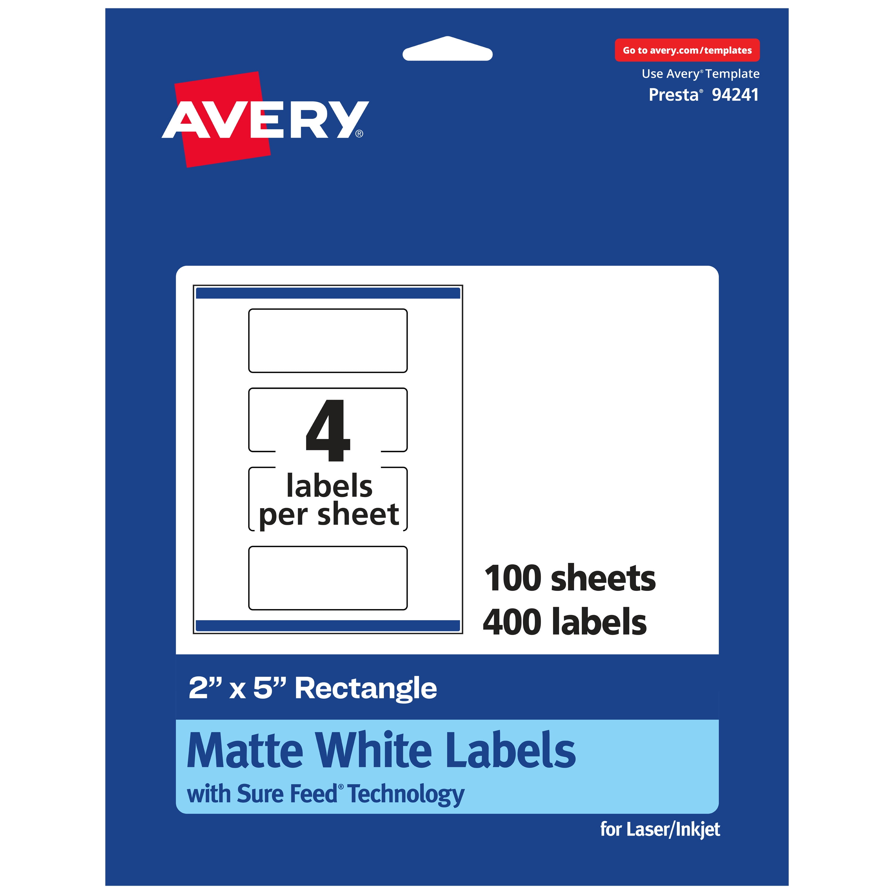 Avery Matte White Rectangle Labels, 2" x 5", 400 Labels