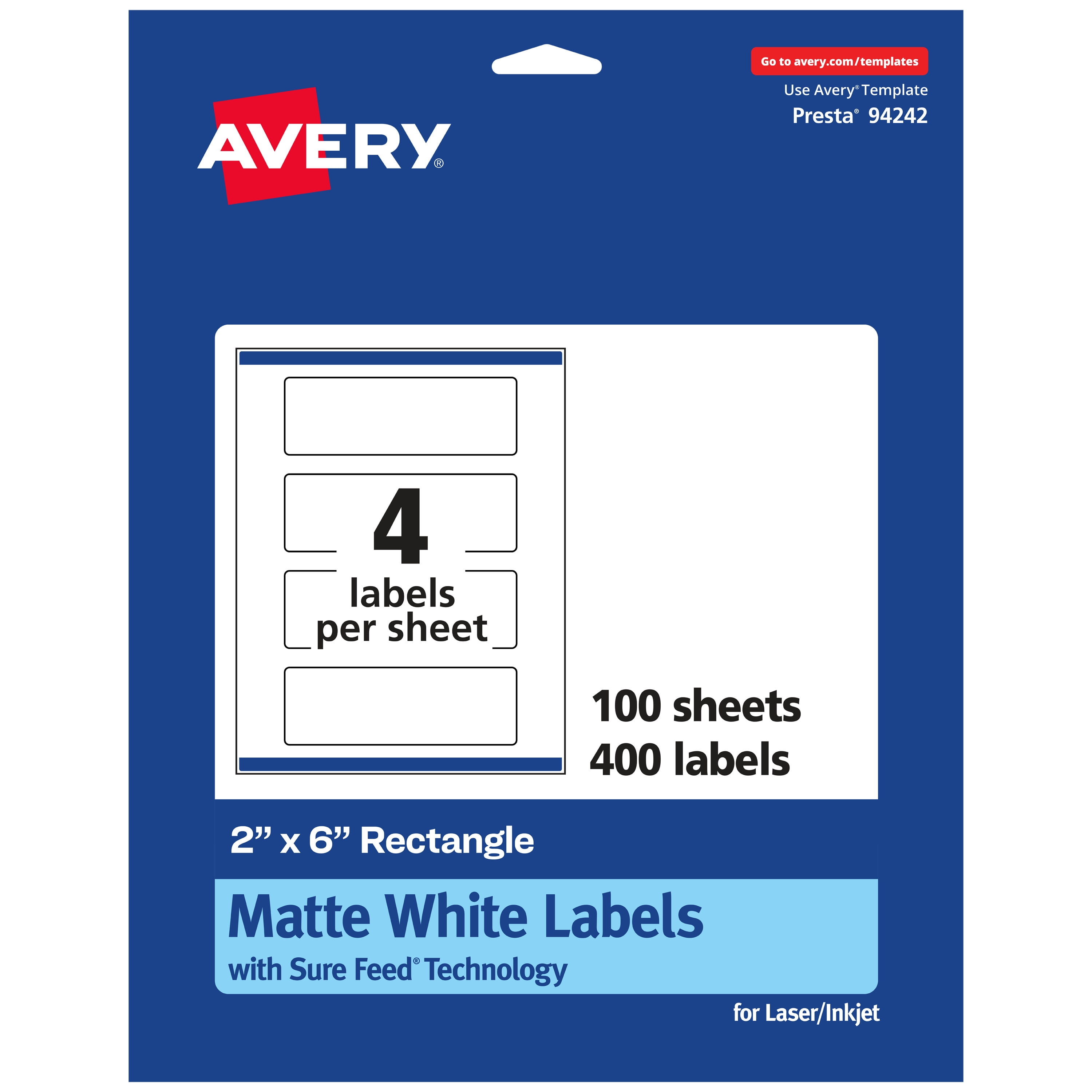 Avery Matte White Rectangle Labels, 2" x 6", 400 Labels