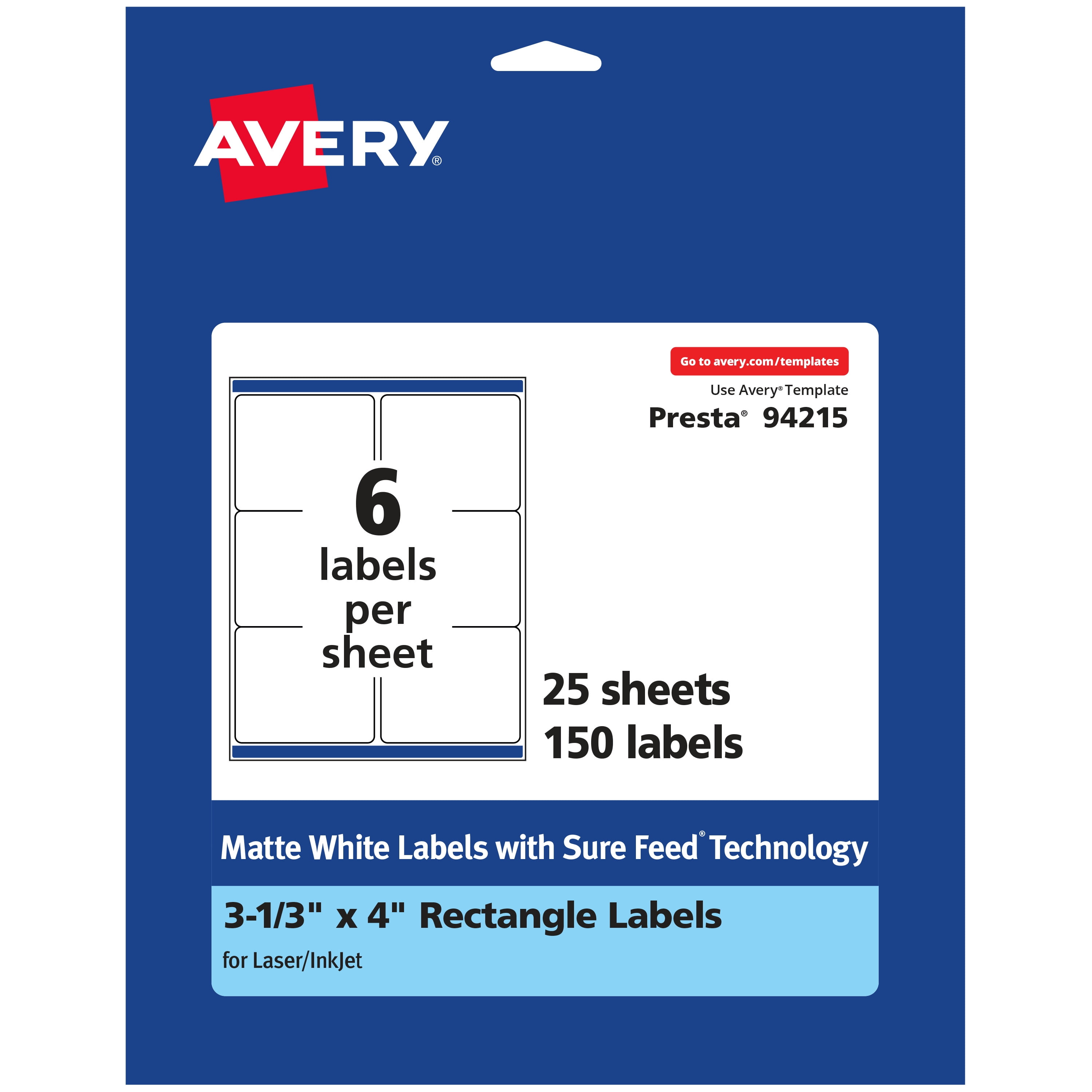 Avery Matte White Rectangle Labels, 3-1/3" x 4", 150 Labels