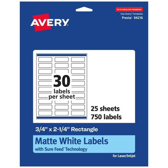 Avery Matte White Rectangle Labels, 3/4" x 2-1/4", 750 Total