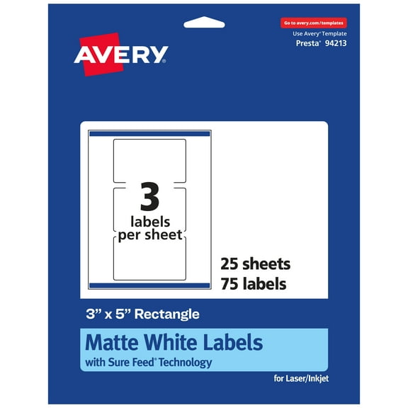 Avery Matte White Rectangle Labels, 3" x 5", 75 Labels