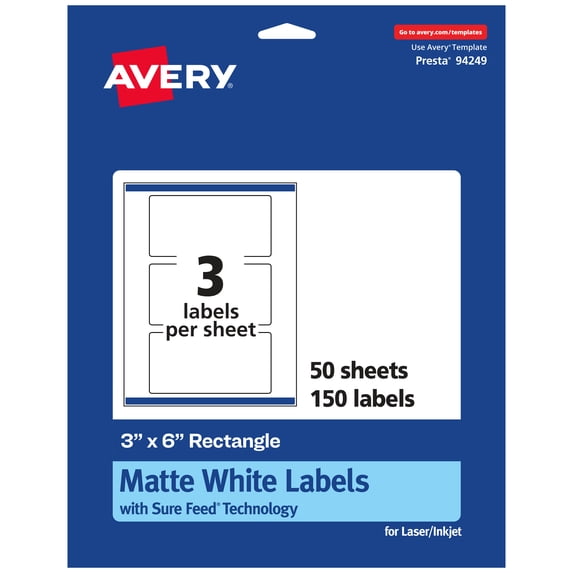 Avery Matte White Rectangle Labels, 3" x 6", 150 Labels