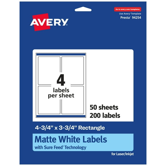 Avery Matte White Rectangle Labels, 4.75" x 3.75", 200 Labels