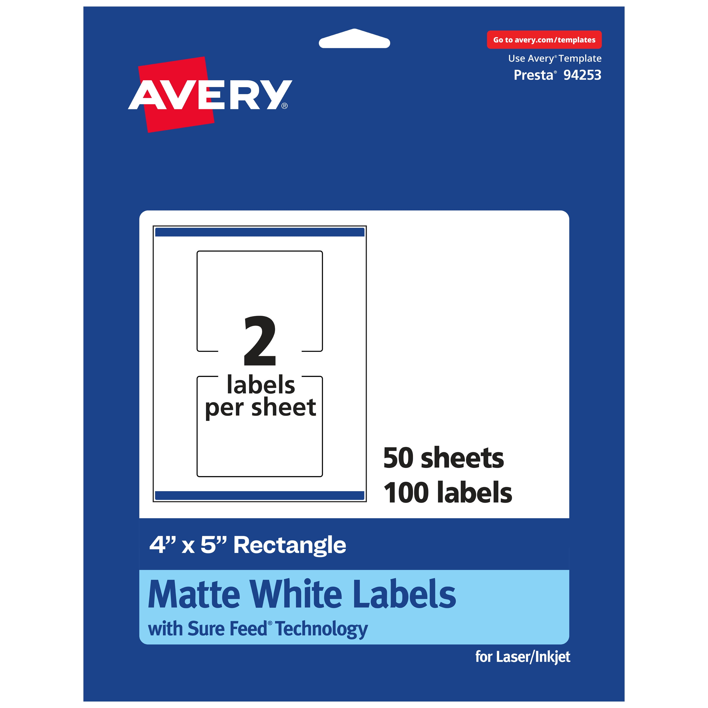 Avery Matte White Rectangle Labels, 4" x 5", 100 Labels