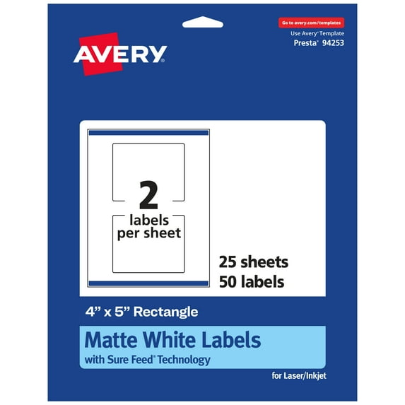Avery Matte White Rectangle Labels, 4" x 5", 50 Labels