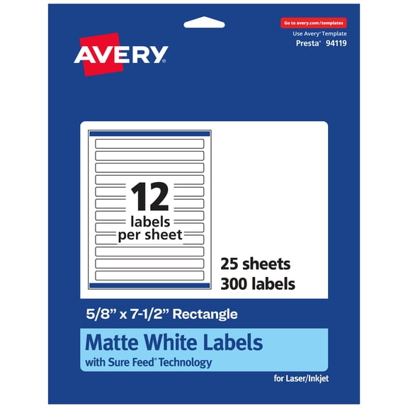Avery Matte White Rectangle Labels, 5/8" x 7-1/2", 300 Total