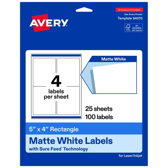 Avery® Matte White Rectangle Labels, 5" x 4", 100 Total