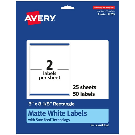 Avery Matte White Rectangle Labels, 5" x 8-1/8", 50 Labels