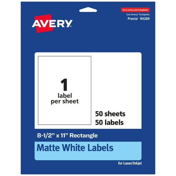 Avery Matte White Rectangle Labels, 8-1/2" x 11", 50 Total