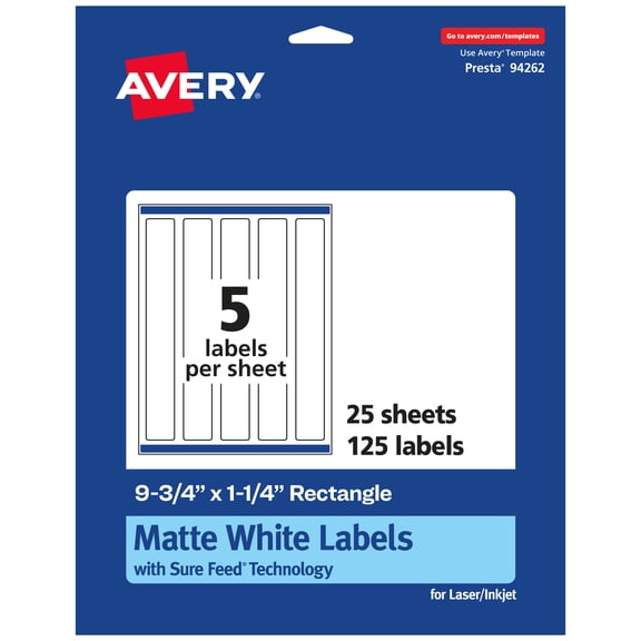 Avery Matte White Rectangle Labels, 9.75" x 1.25", 125 Labels